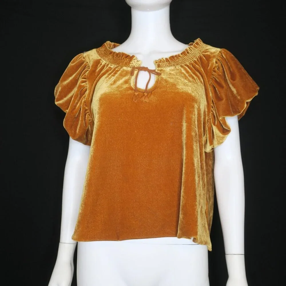 Free People Terese Velvet Top Pumpkin Pie Puff Short Sleeve Women's Medium